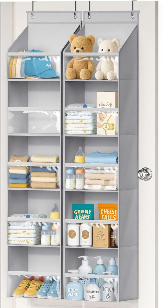 2 Pack Over the Door Organizer, Large Capacity Closet Door Hanging Organizer, Clear Deep Pockets Baby Organizer Storage for Nursery, Bathroom, Bedroom, Pantry, Diapers (Grey)